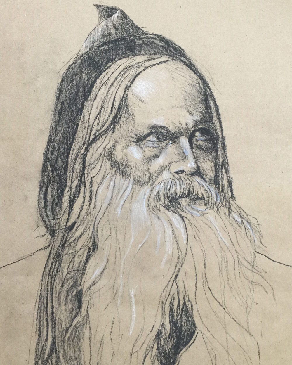 Charcoal portrait of Dr. Glen Swartwout, the founder and grantor, as a bearded sage